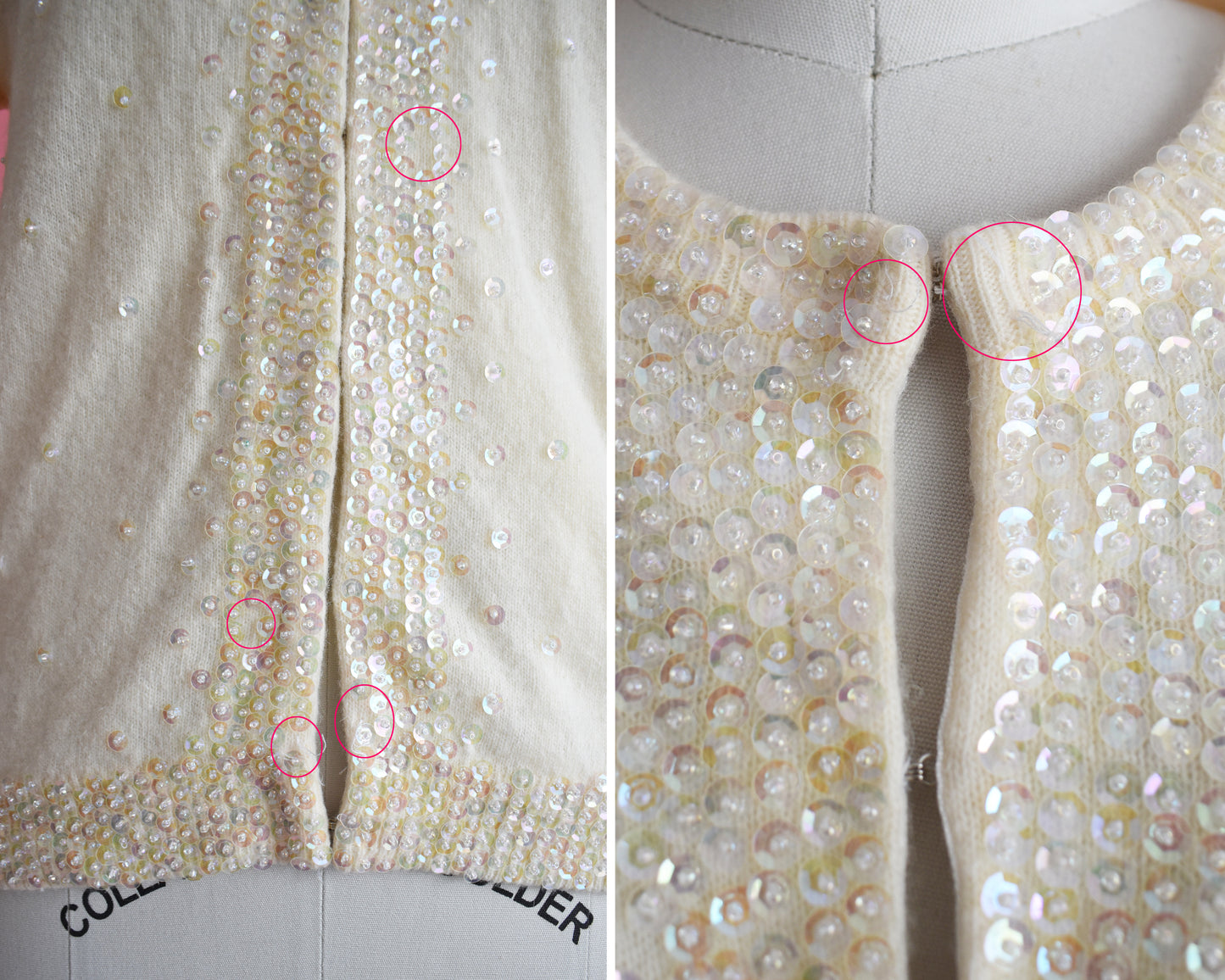 Close up of various spots of the cardigan where sequins are missing