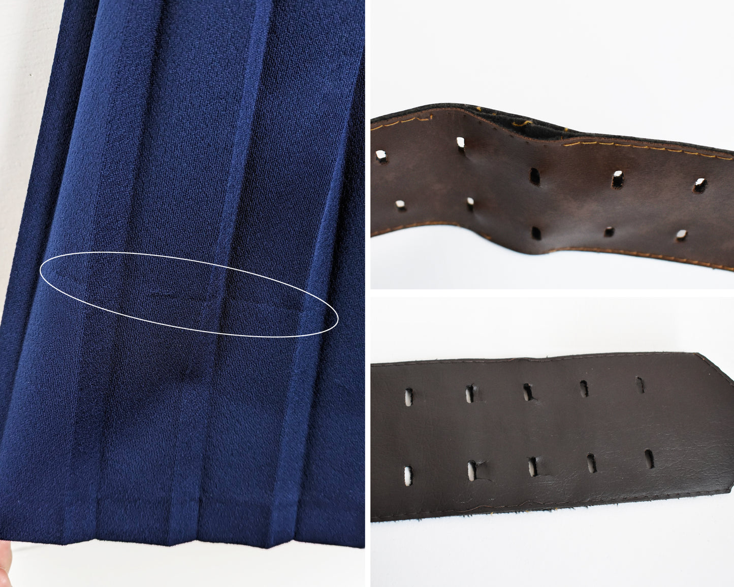 A photo collage of small flaws include a pull on the skirt and some wear to the belt
