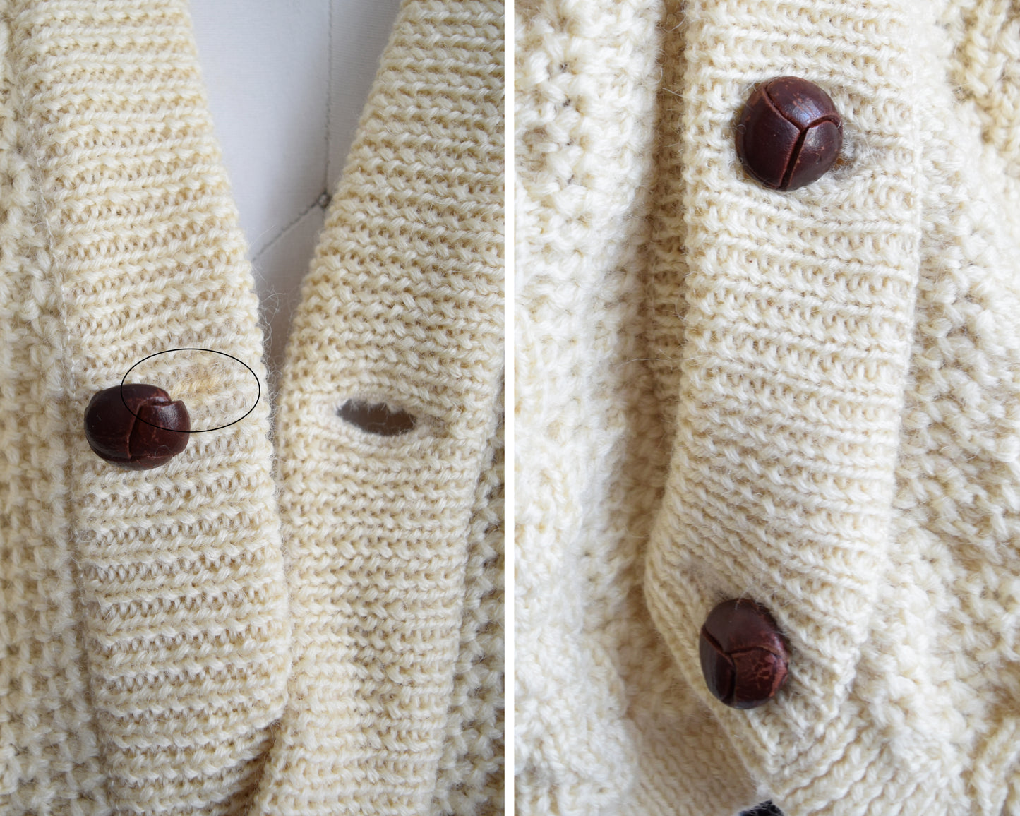 Side by side photo showing a small stain and the buttons