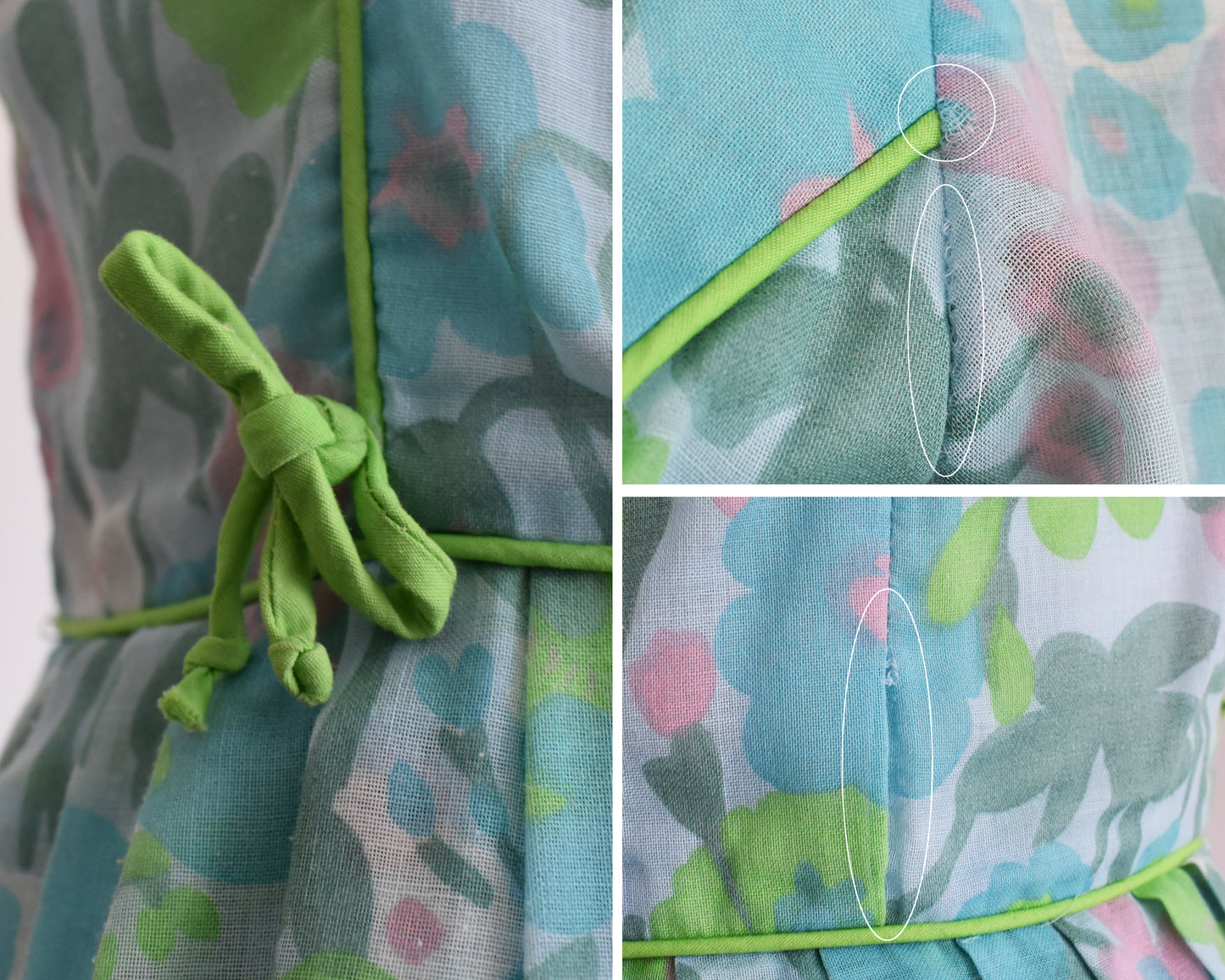 a photo collage of a few flaws which include a crooked bow, some fabric fraying, and a loose pleat