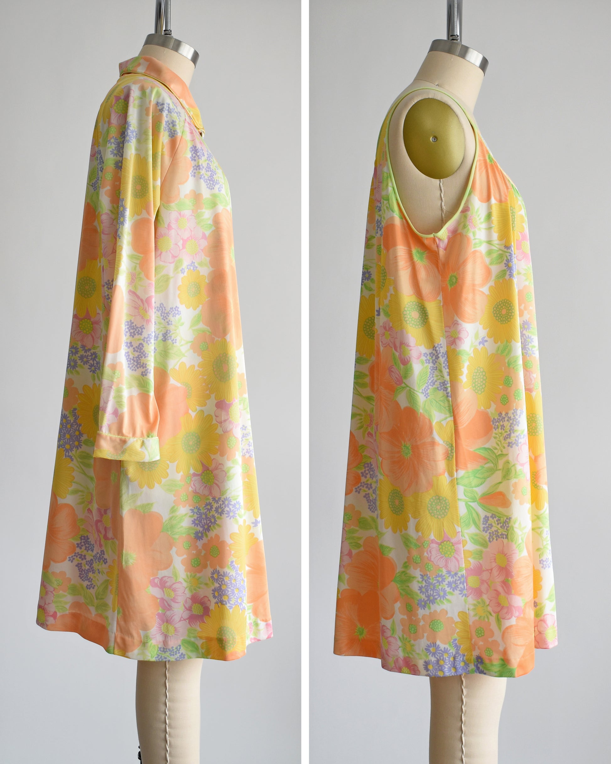 Side view of a vintage 1970s floral peignoir set by Lorraine. This set includes a nightgown and matching button up long sleeve robe that is white and has an orange, yellow, pink, purple, and green floral print. The robe is off in the right photo. 