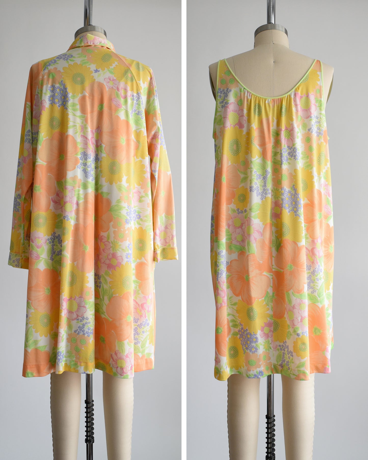 Side by side back view of a vintage 1970s floral peignoir set by Lorraine. This set includes a nightgown and matching button up long sleeve robe that is white and has an orange, yellow, pink, purple, and green floral print. The robe is off in the right photo. 