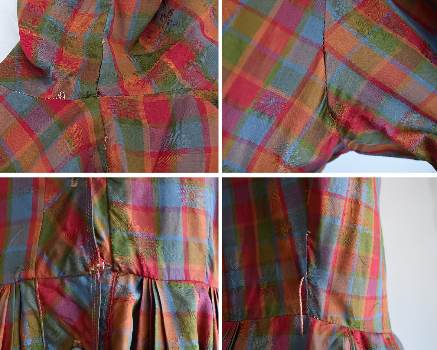 a photo collage showing visible mends and small flaws like a broken belt loop