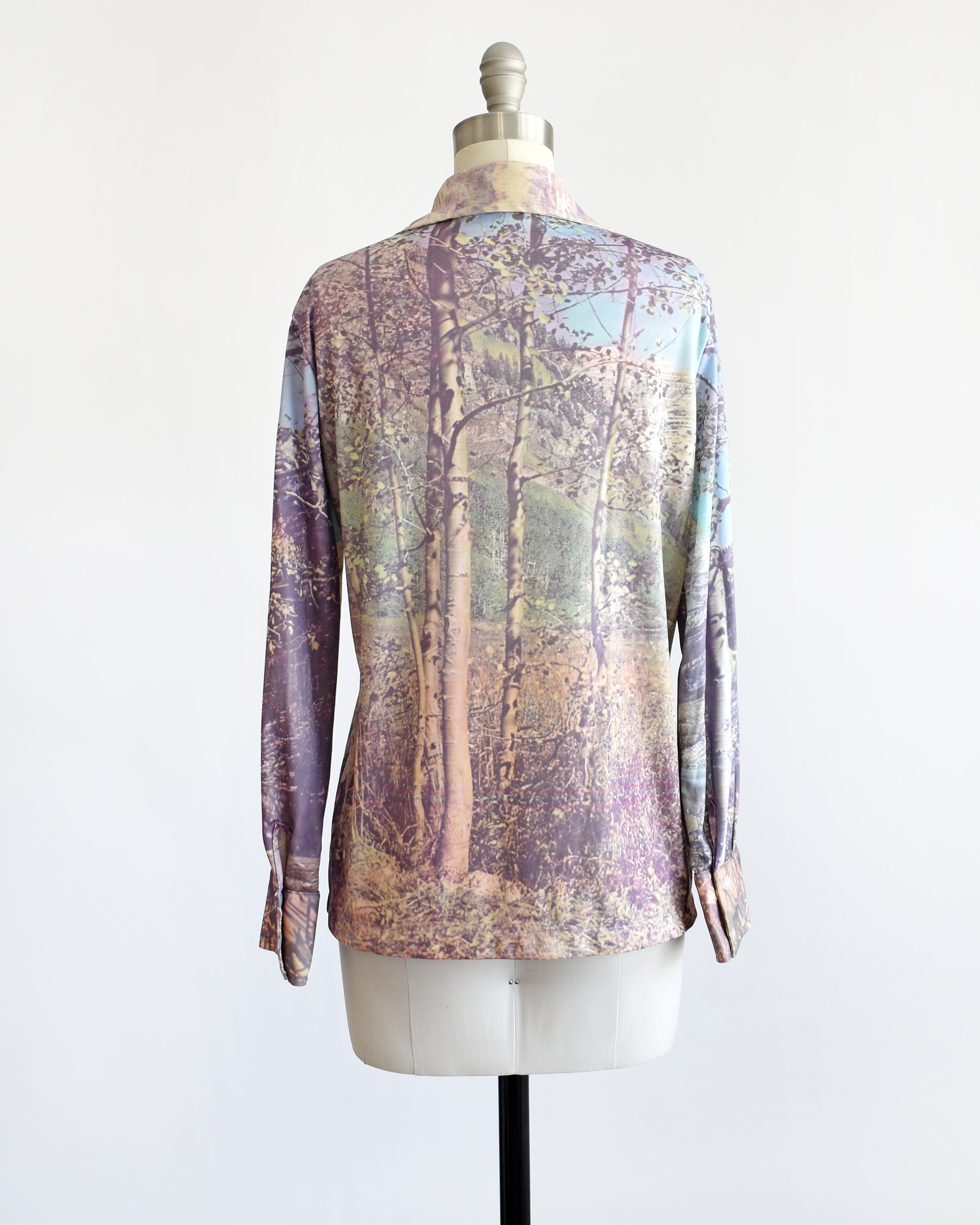 back view of a vintage 1970s mountain scene disco blouse