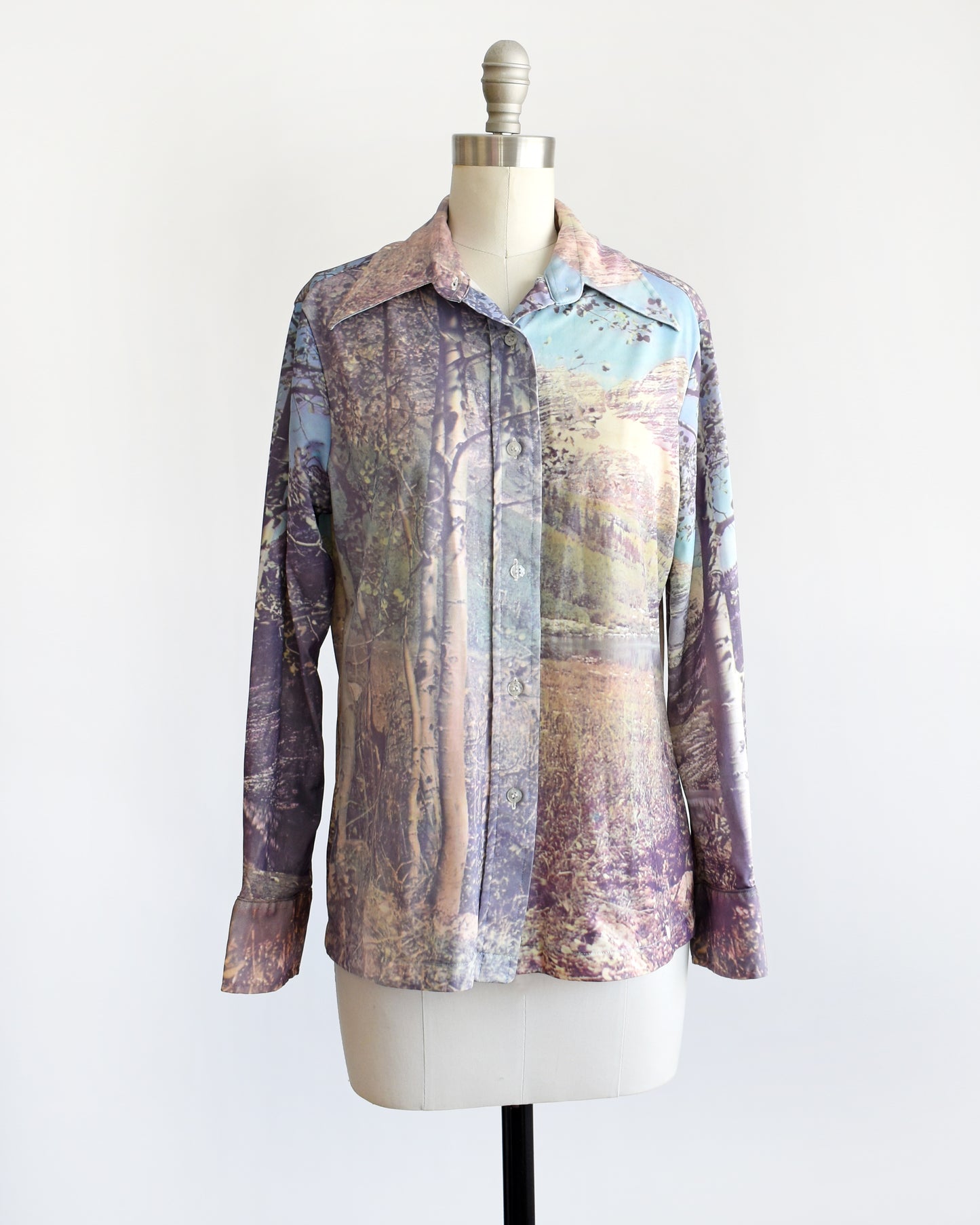 a vintage 1970s mountain scene disco blouse. the top button is unbuttoned in this photo