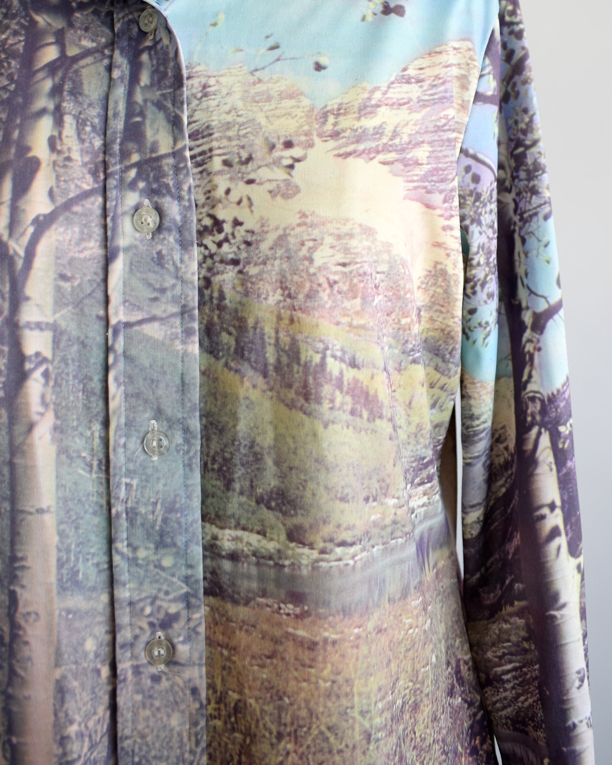close up of the mountain scene on the blouse