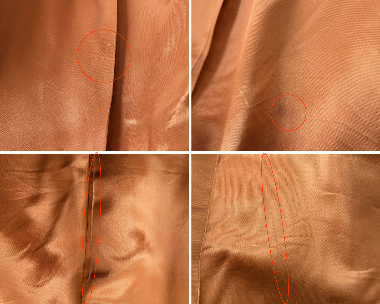 a photo collage of small flaws on the lining which include a few scuffs, marks, and run