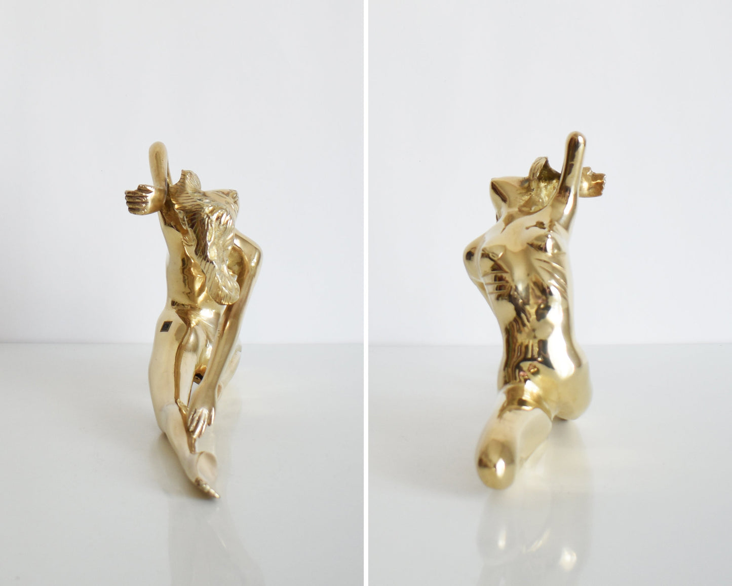 side by side front and back view of a vintage 1970s nude brass woman that is posed with one arm bent, another stretched behind her, and one leg also stretched out and the other leg is bent at the knee.
