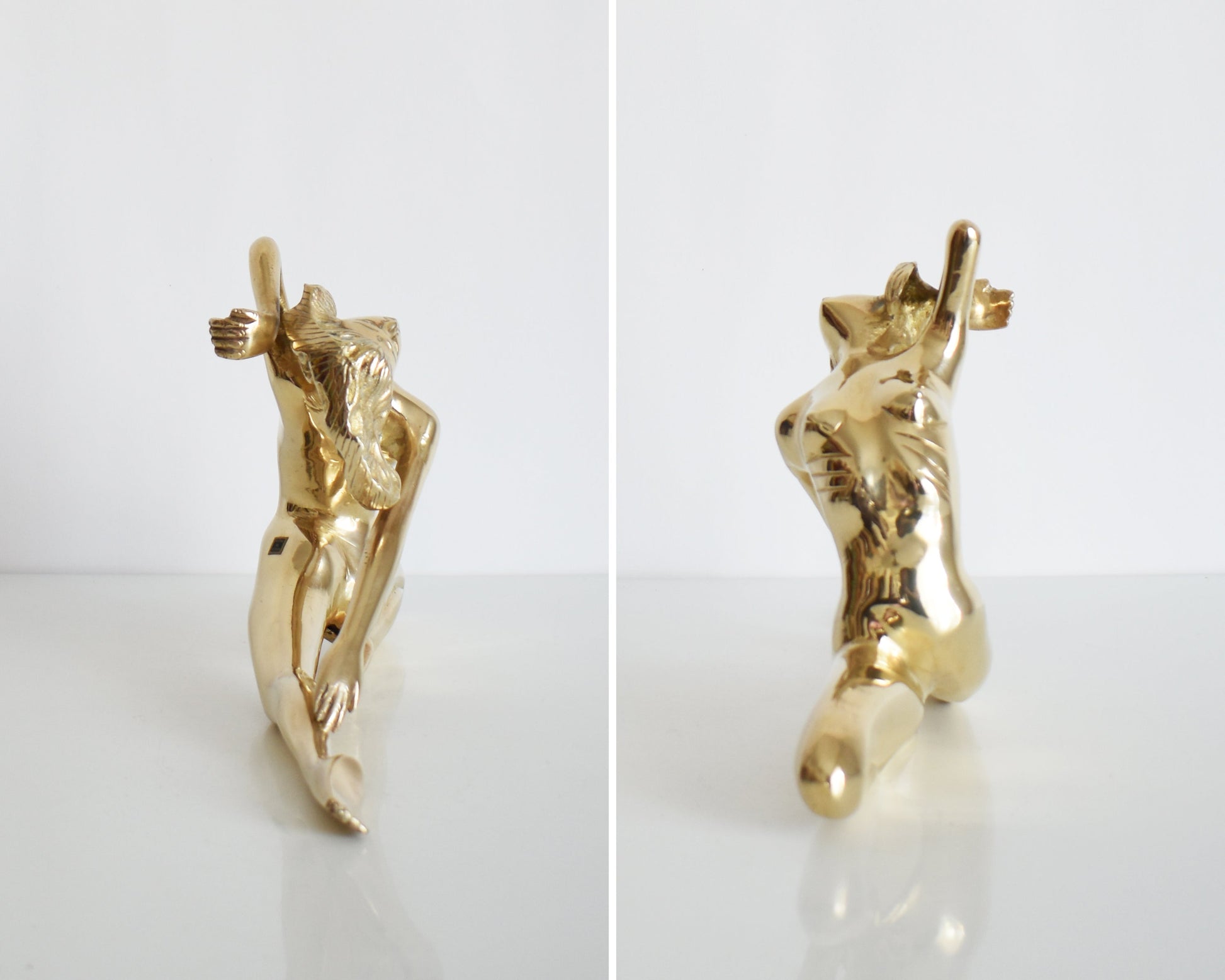 side by side front and back view of a vintage 1970s nude brass woman that is posed with one arm bent, another stretched behind her, and one leg also stretched out and the other leg is bent at the knee.  