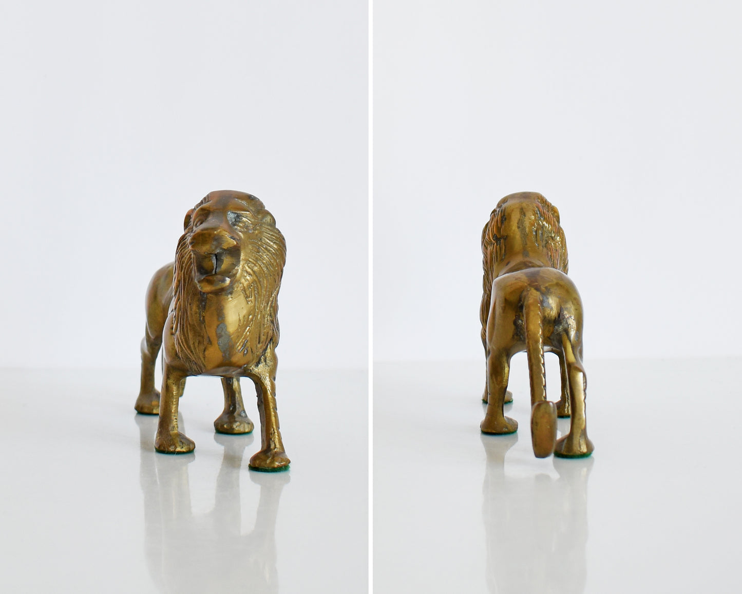 front and back view of  a brass lion figurine 