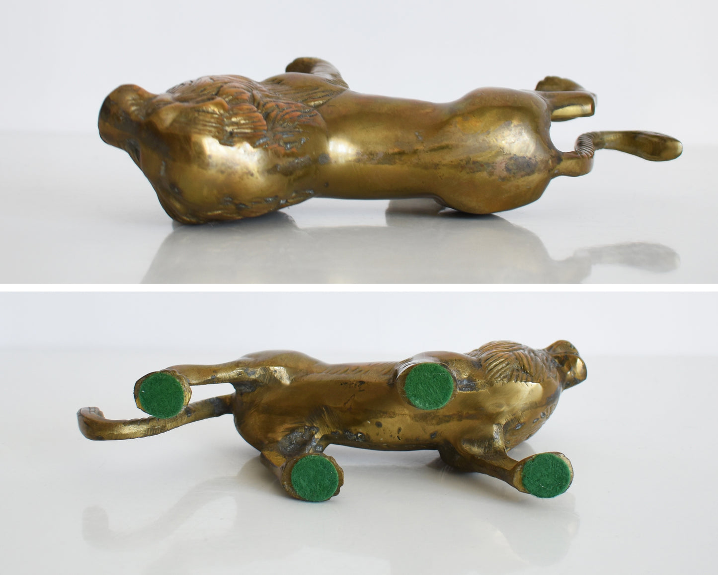 top and bottom view of a brass lion figurine 