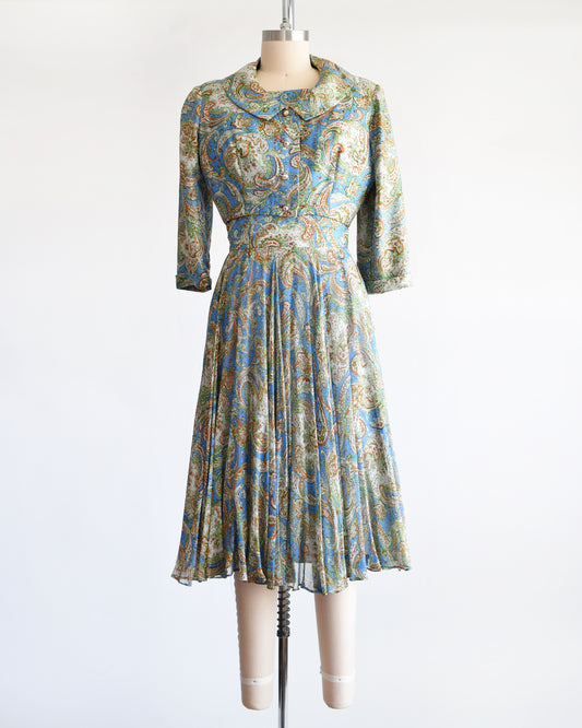 a vintage 1950s silk paisley dress set by Saks Fifth Avenue