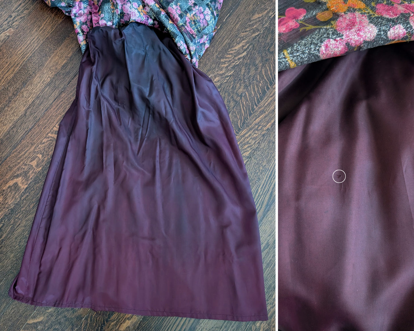 side by side shots the lining of the dress that has changed color throughout the years. the right side shows a small hole circle in white