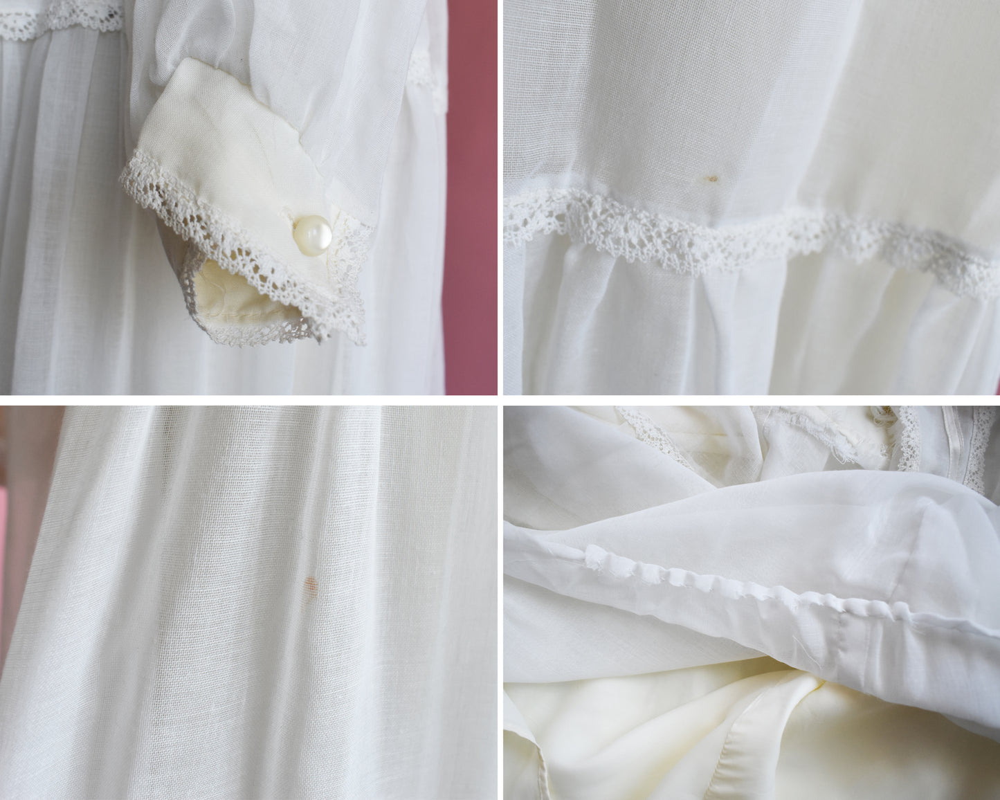 close up of small flaws which includes small stains and a bunched hem