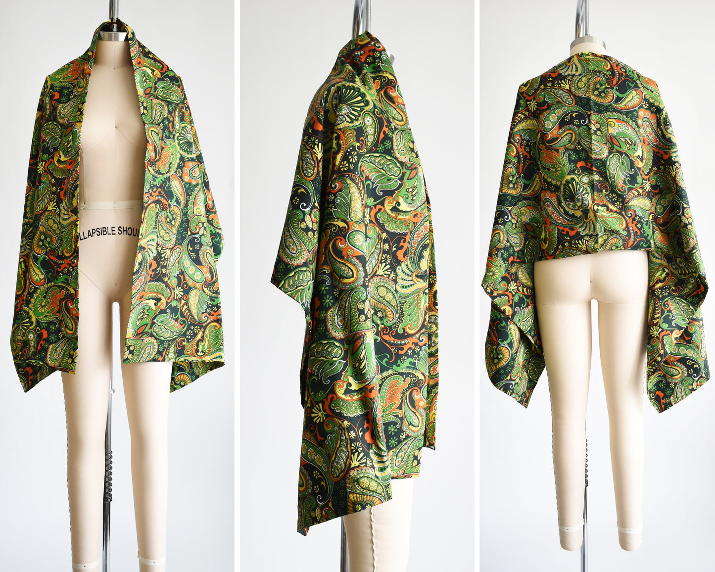 front, side, and back view of the matching shawl on a mannequin against a white background