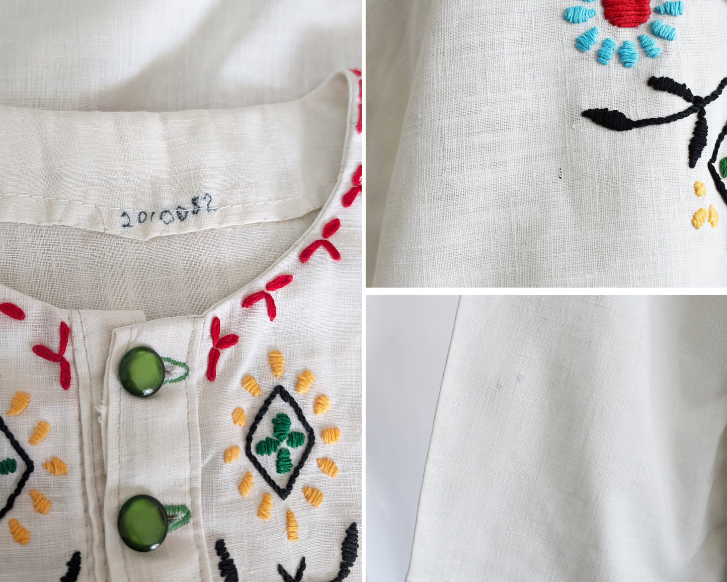 a collage of small flaws which include numbers written on the inside collar, a black mark, and gray spots on the back of the sleeve.