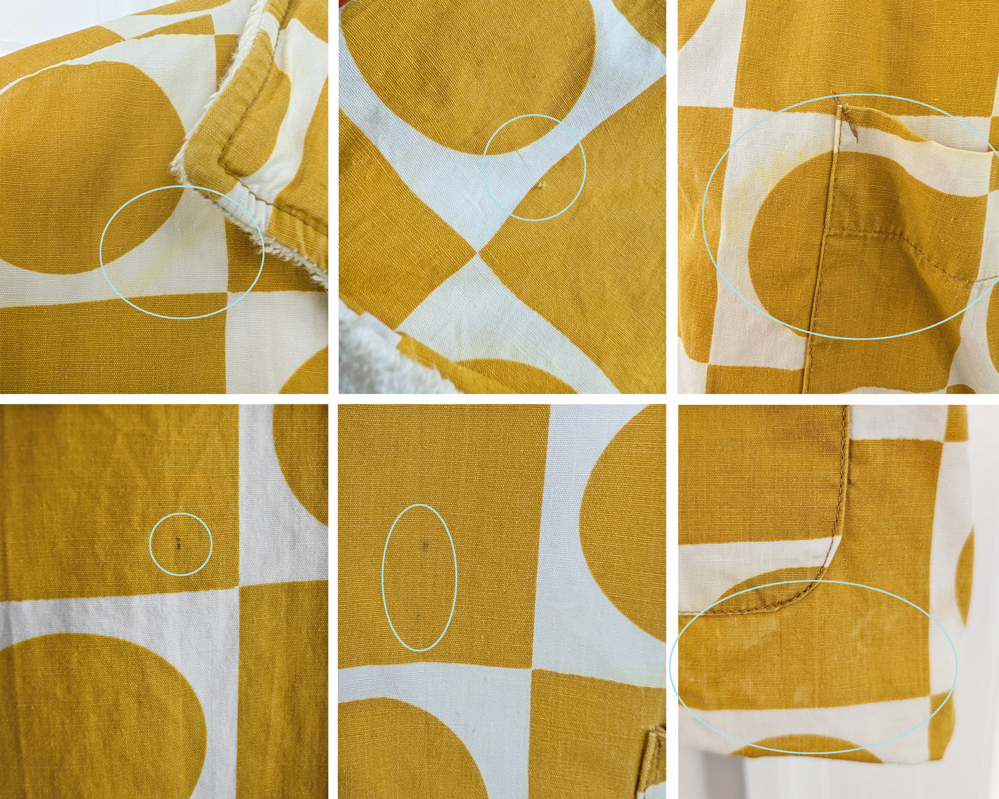 a photo collage that show some flaws up close that are circled, which includes some color bleeding, dark and light spots, and a small snag.