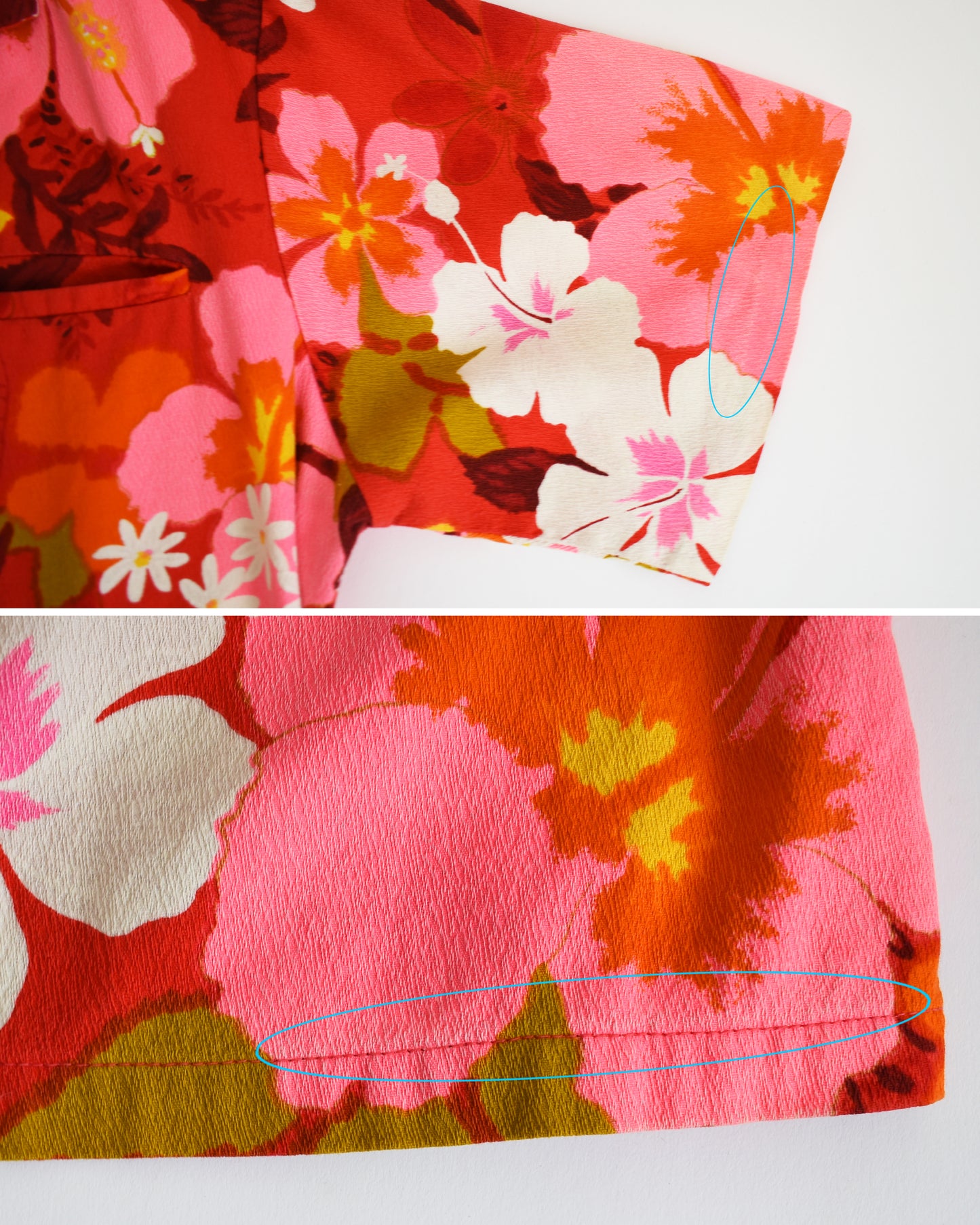 A photo collage of small flaws. The top photo shows some fading along the sleeve seam on the left sleeve. The bottom shows some slight fading along the hem seam on the back