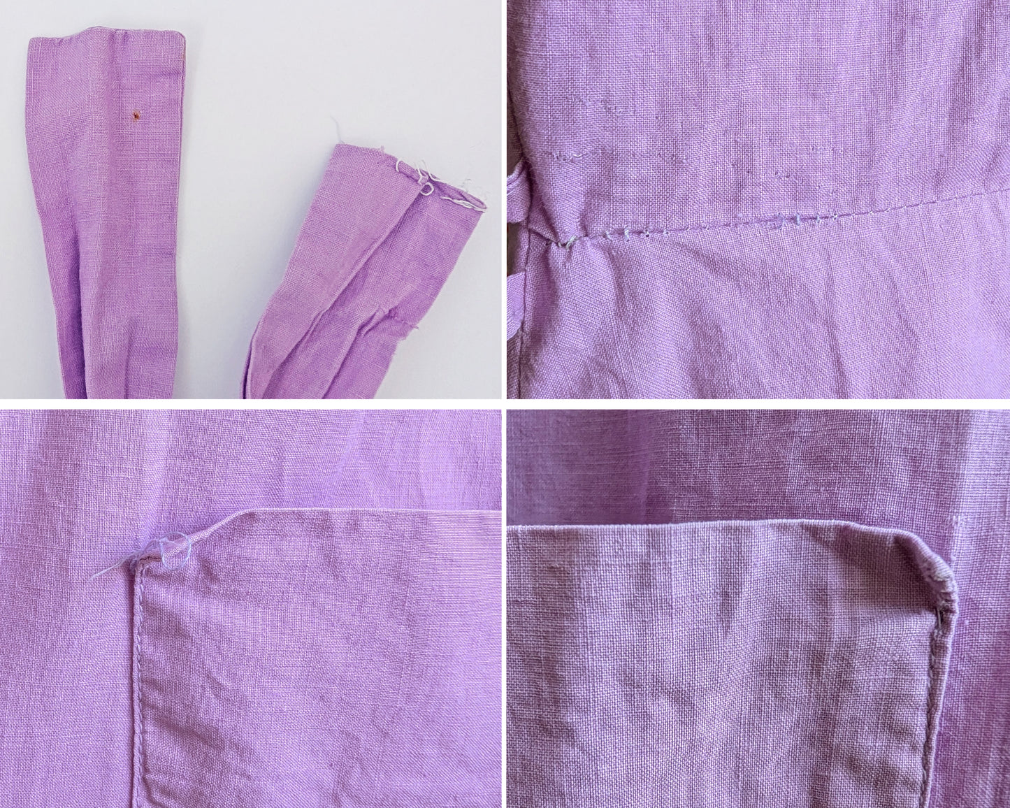 a collage of small flaws on the dress which included some spots on the belt, a mend on the back waist, and some detached corners on the patch pockets