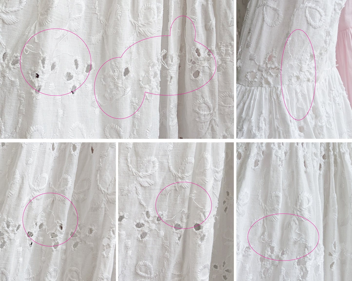 a photo collage of close spots on the dress that show whee the embroidery thread has come lose in spots