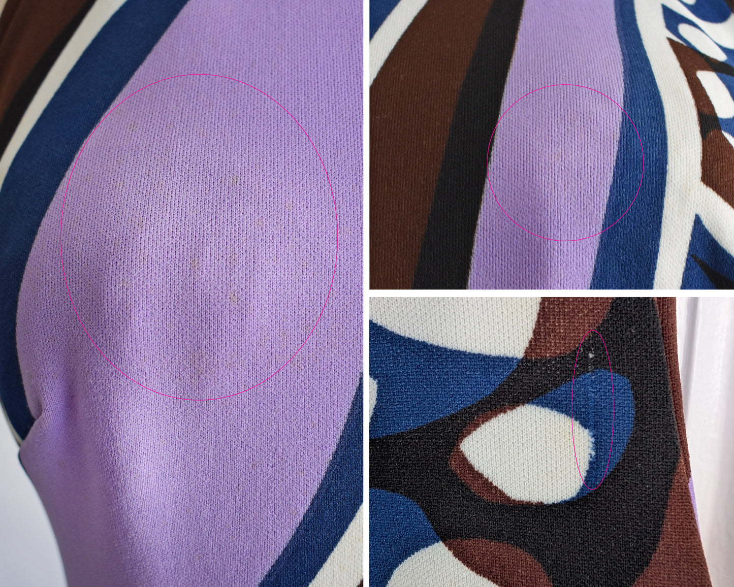 a collage showing small flaws which include some faint spots on the chest and a small run on the back.