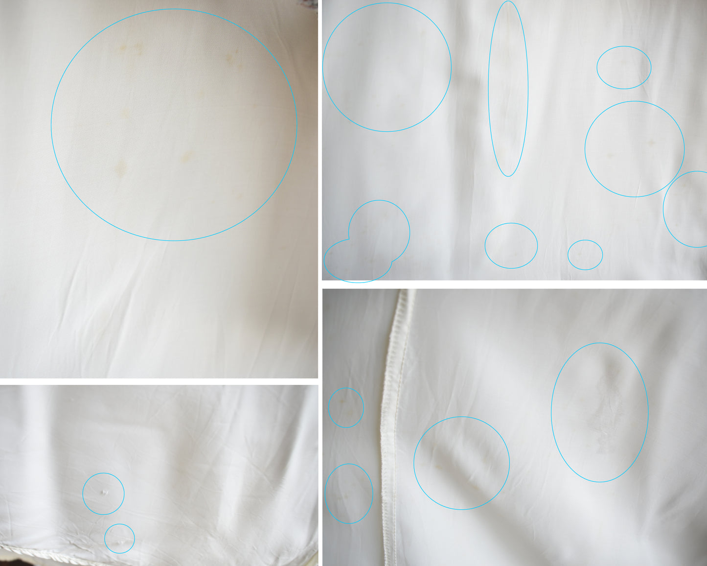 a photo collection of scattered spots and worn spots on the lining of the skirt.