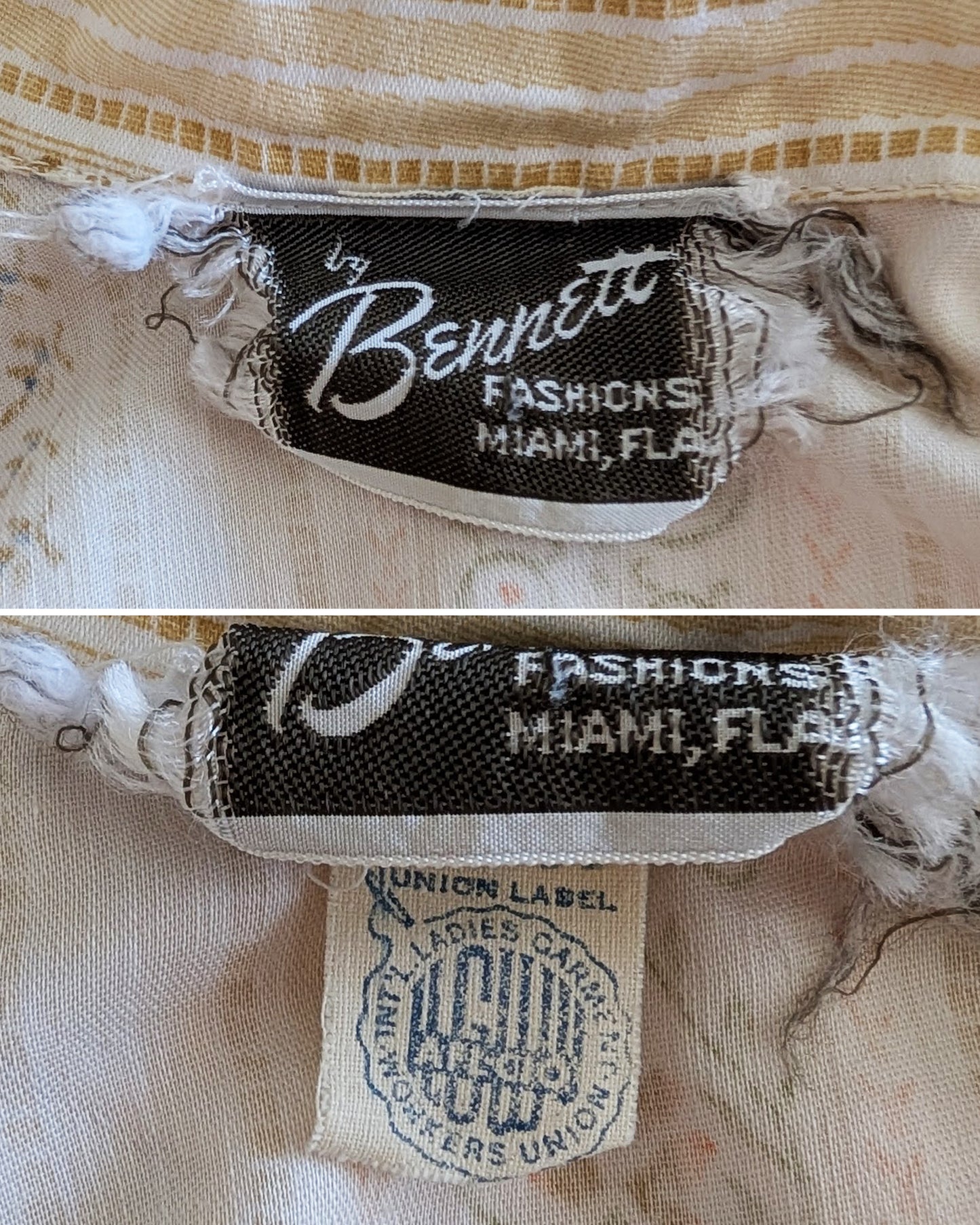 Close-up of a label on a garment with 'Bennett Fashions Miami, FL' label and a ILGWU tag