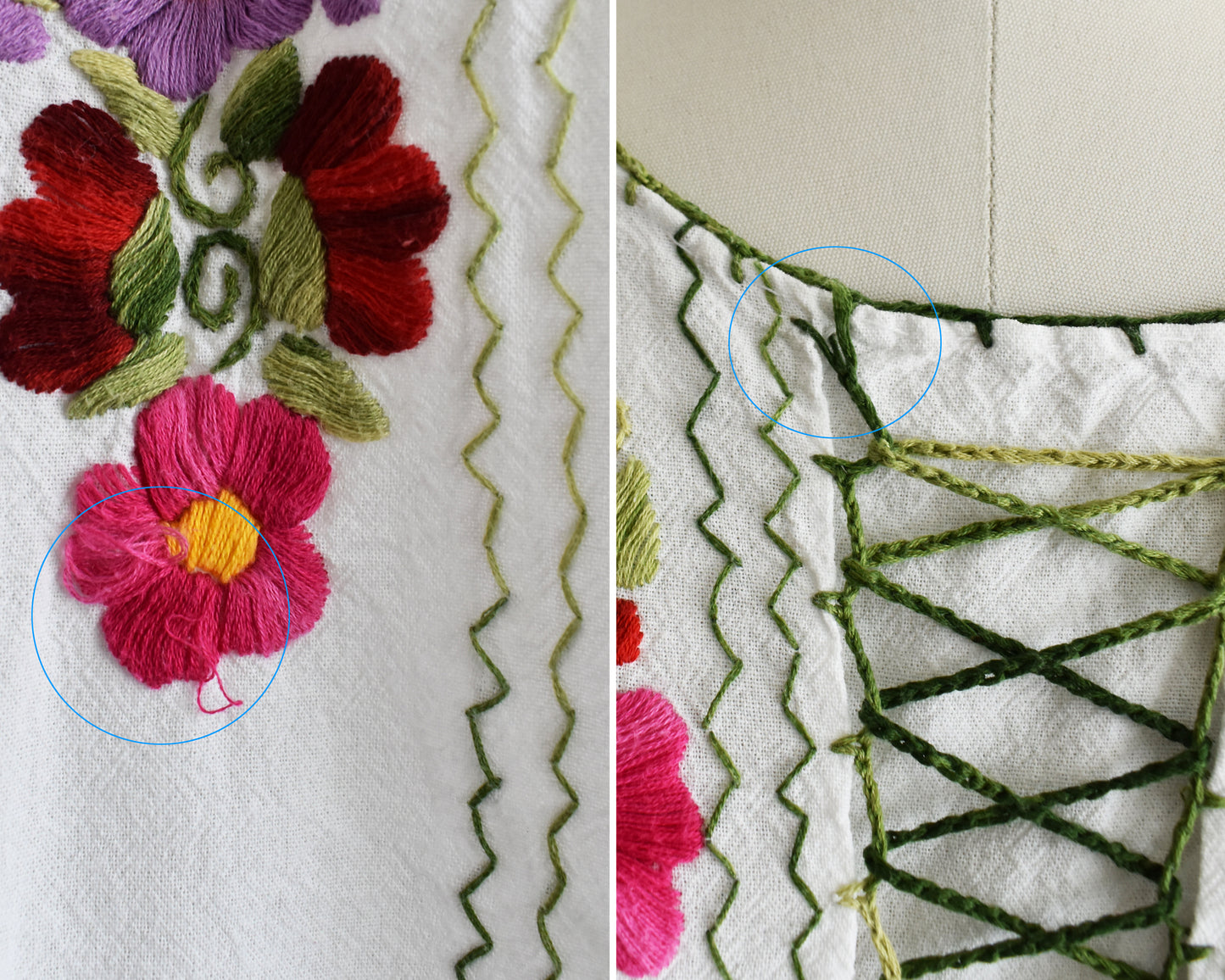 side by side photo collage showing small pulls in the embroidery