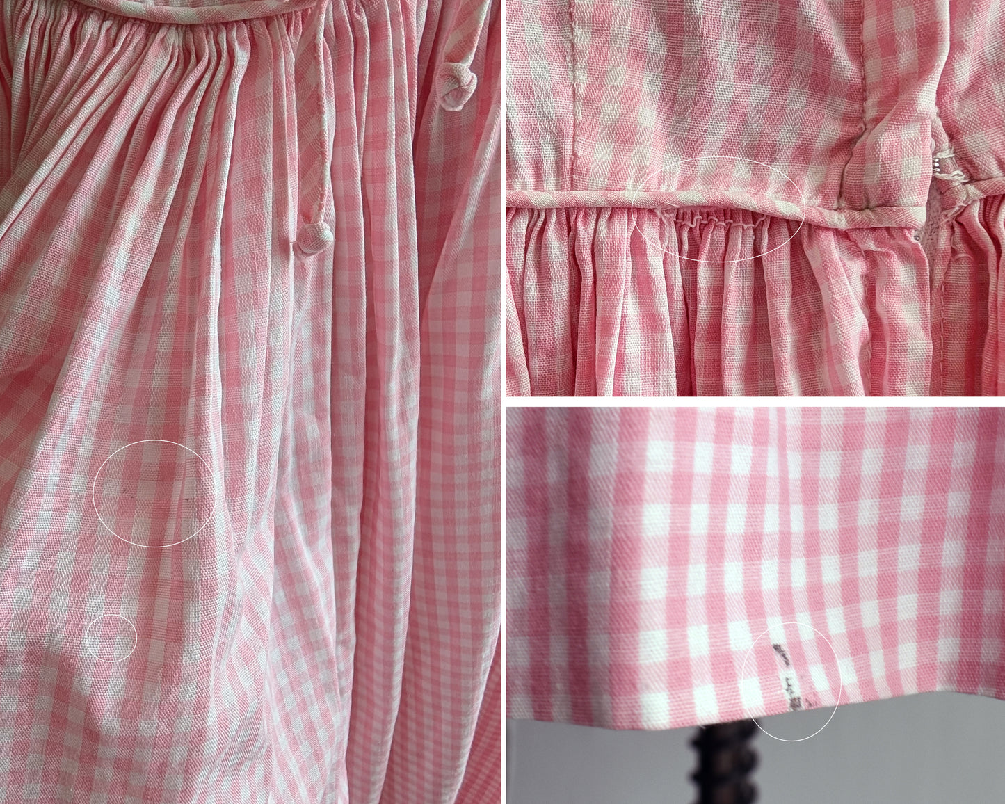 a photo collage showing small flaws which included small spots on the skirt, a little bit of unraveling on the skirt seam (seam is secure), and a small mark on the back of the skirt