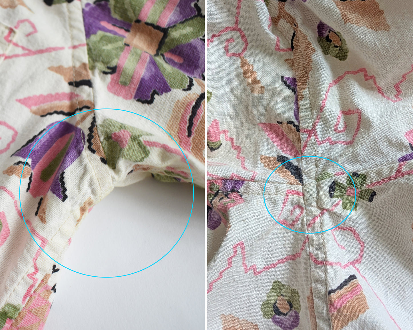 close up of the underarms which shows a faint discolored spots on a vintage 1950s Tiana Pittelle short-sleeve Hawaiian aloha shirt