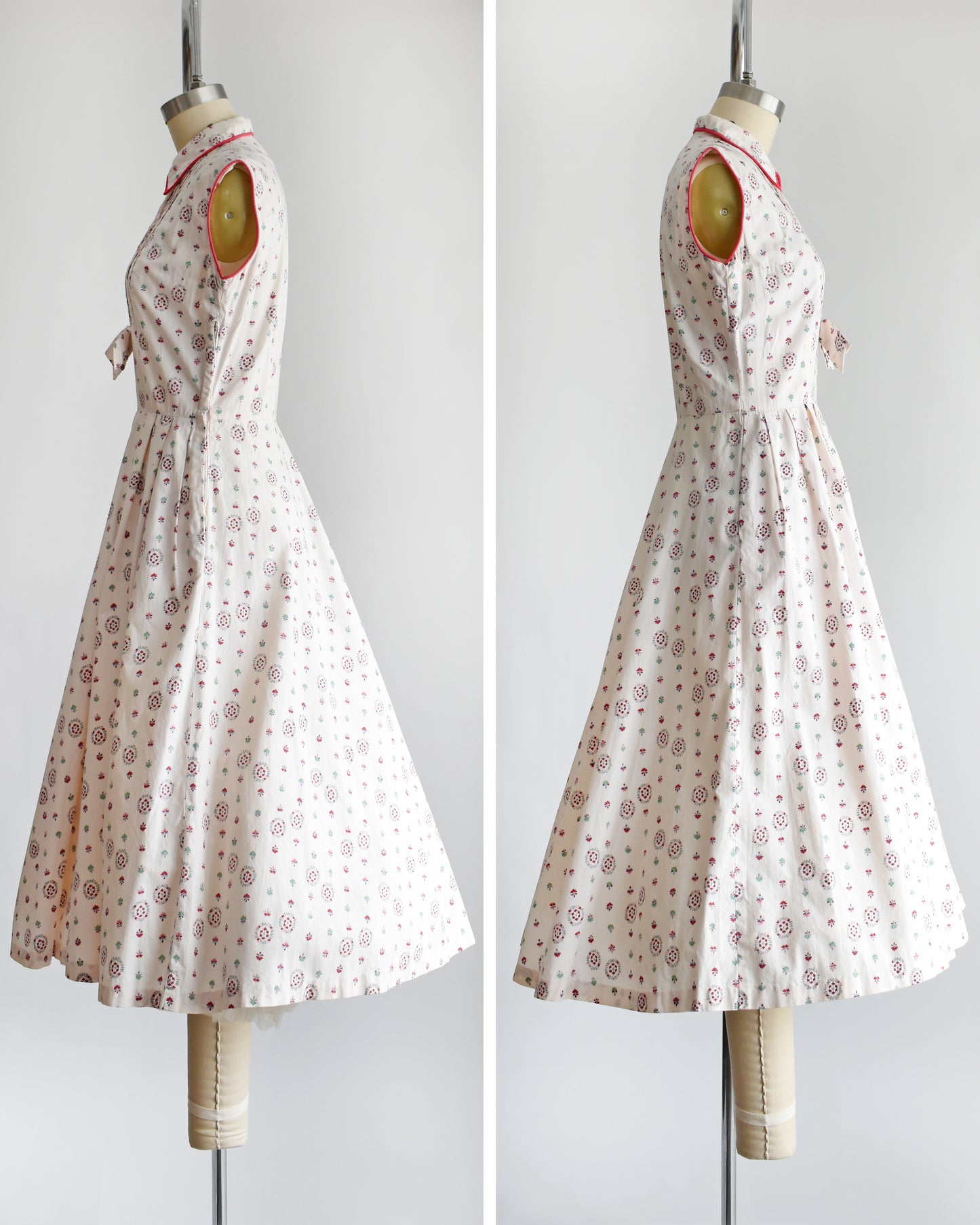 side by side side views of a vintage 1950s floral dress on a mannequin against a white background