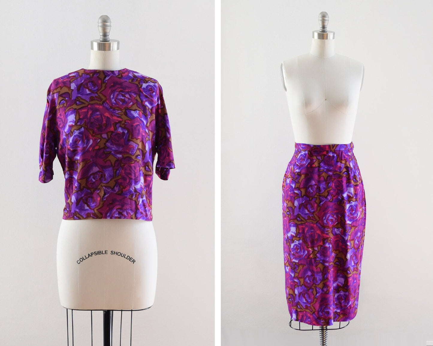 Side by side front view of the blouse on the left and skirt on the right