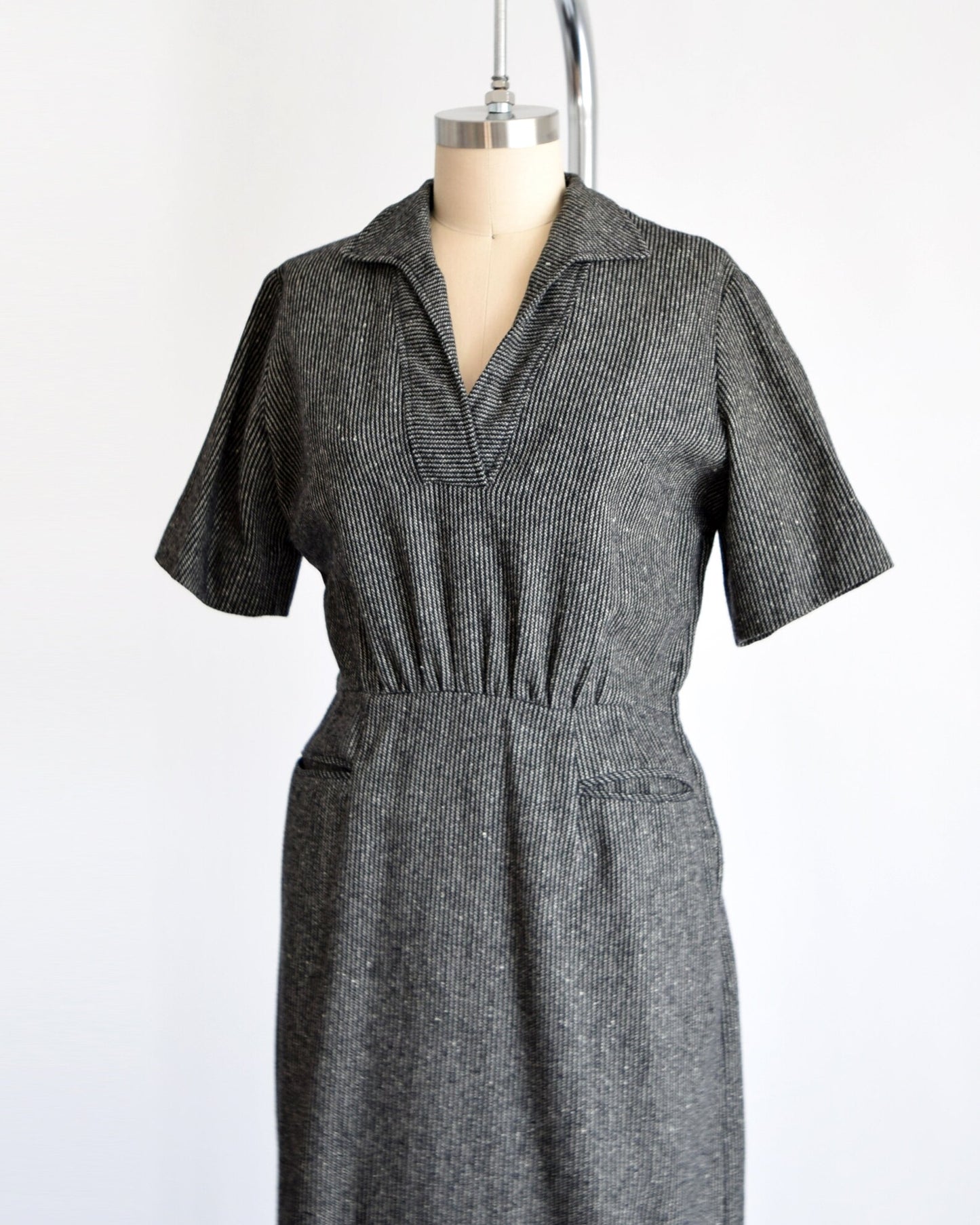 Vintage 1950s Striped Black & White Wool Dress | large