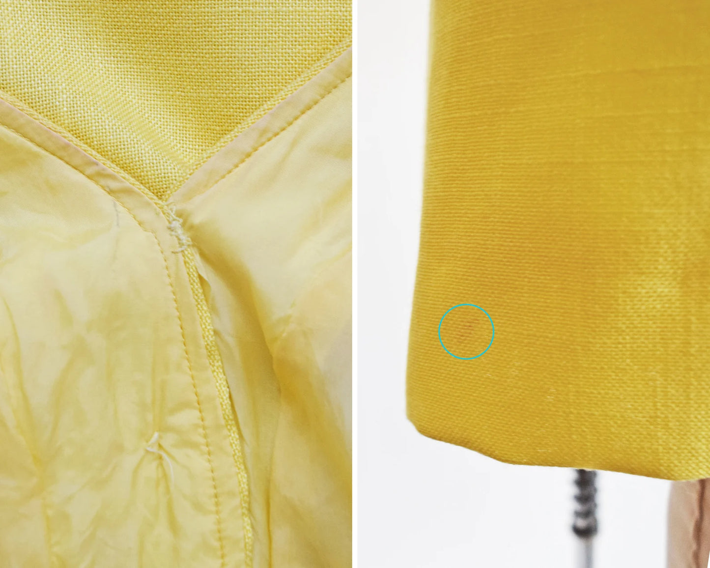 left photo shows the sewn neckline and right shows a small smudge on the skirt
