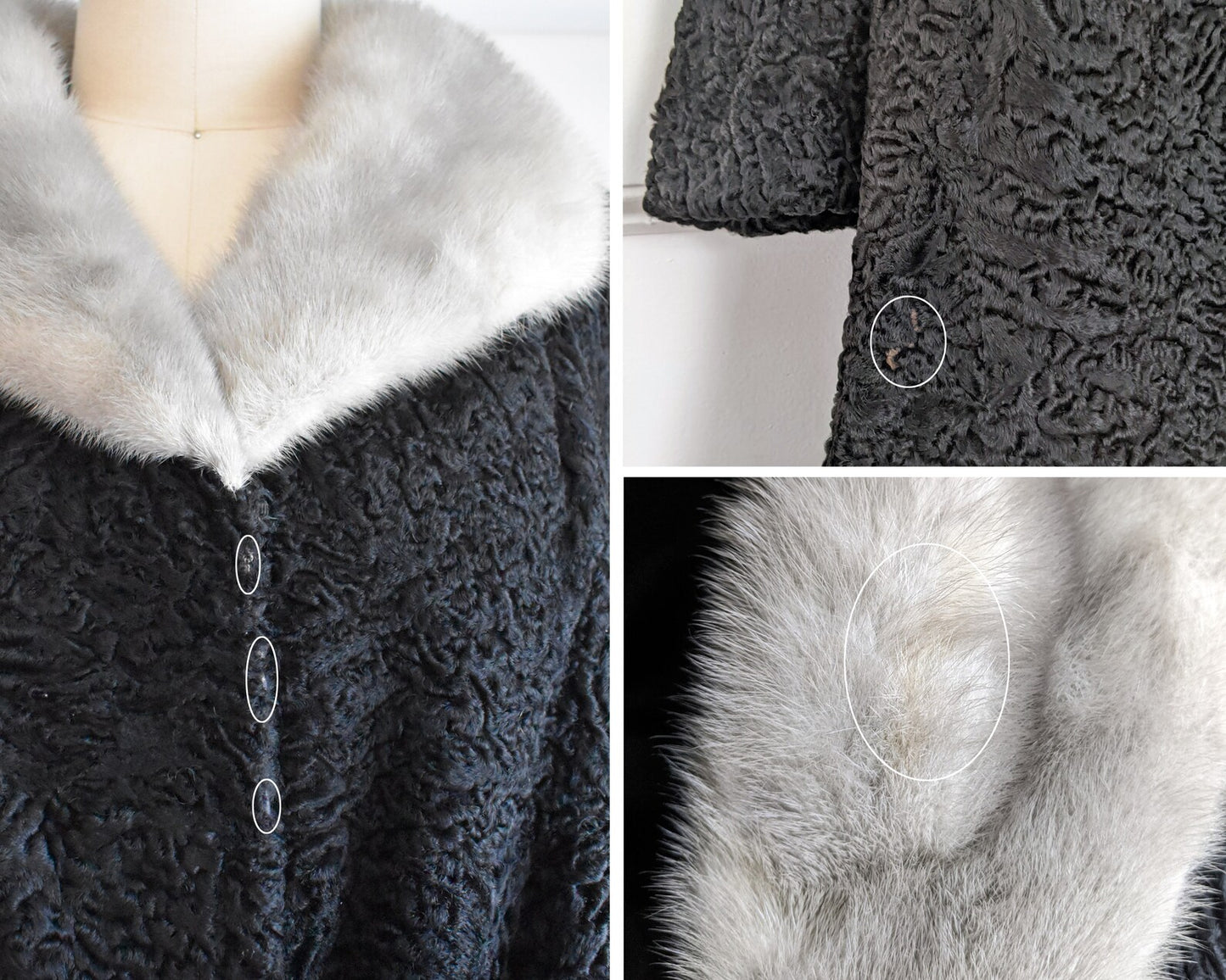 Collage photo of small flaws. The left and top right photo shows some wear to the fur on the coat. The bottom right shows a slight discolored spot to the fur.