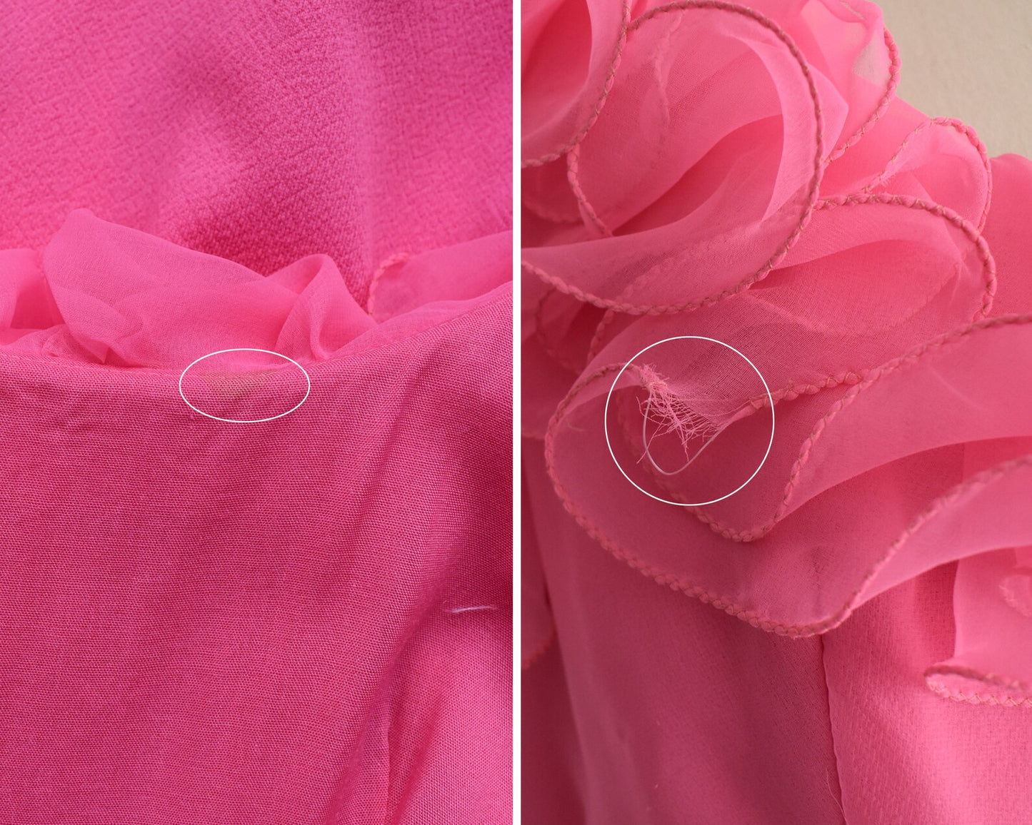 Close up of small flaws which include a mark on the inside of the collar and a fray in the ruffles.