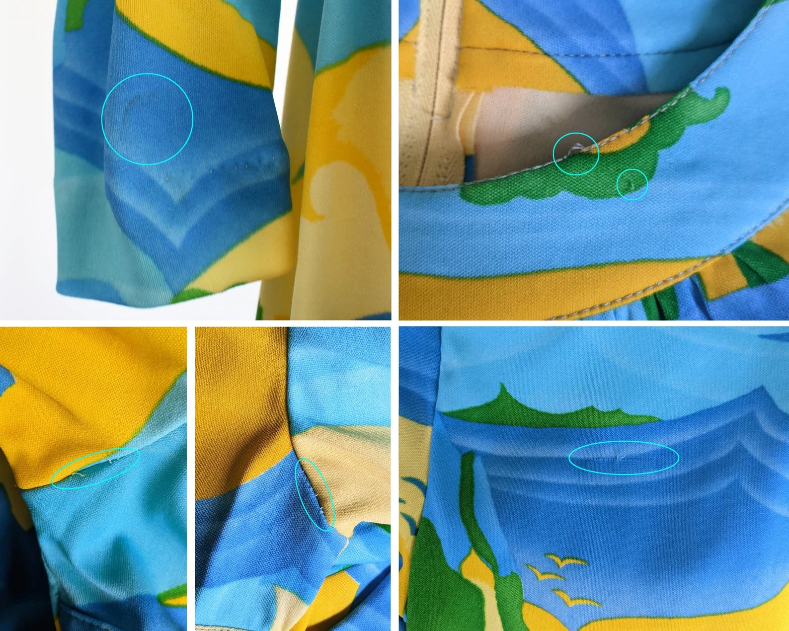 Close up of small flaws on the dress. Clockwise from left to right: A small mark on the cuff, a small pull and a break in the thread on the collar, a small pull on the back shoulder, and some random stitching in the underarms.