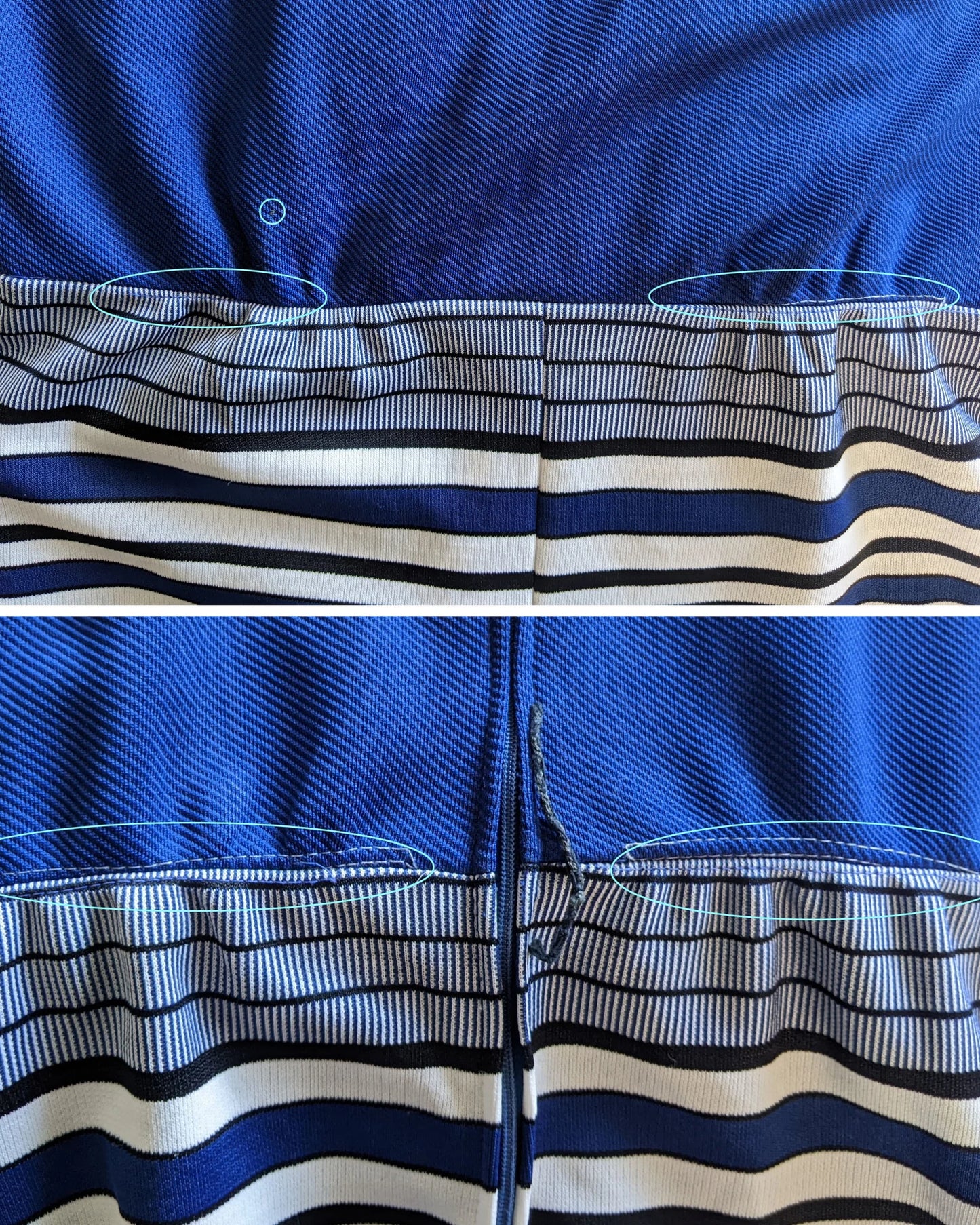 Close up of the front and back of the waistline that shows contrasting stitching which was probably done by the previous owner