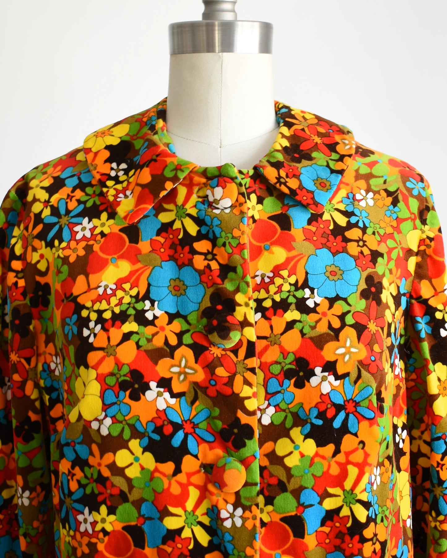 Close up of the collar and fabric covered buttons down the front of the blouse