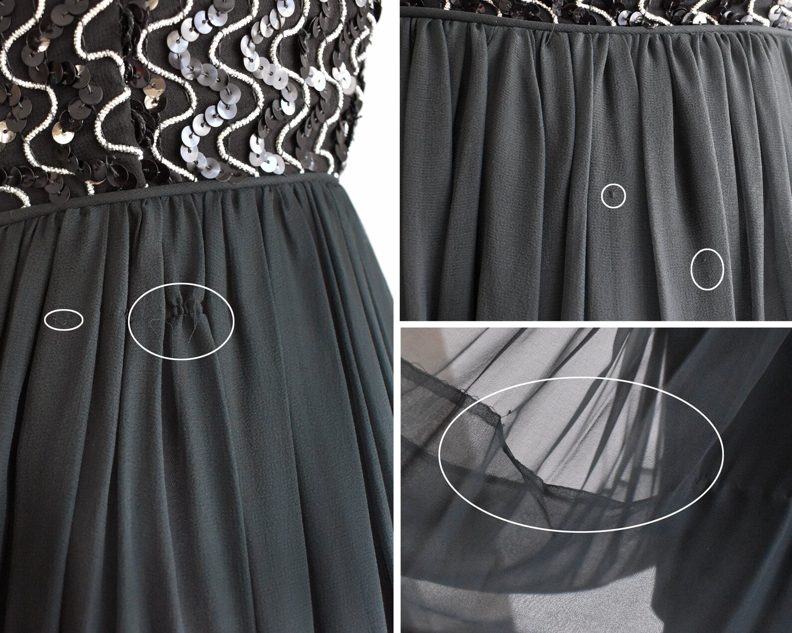 A photo of collage of some small flaws. Left photo shows some small runs on the side of the skirt. The top right shows a few snags, and the bottom right shows where the hem on the chiffon has fallen