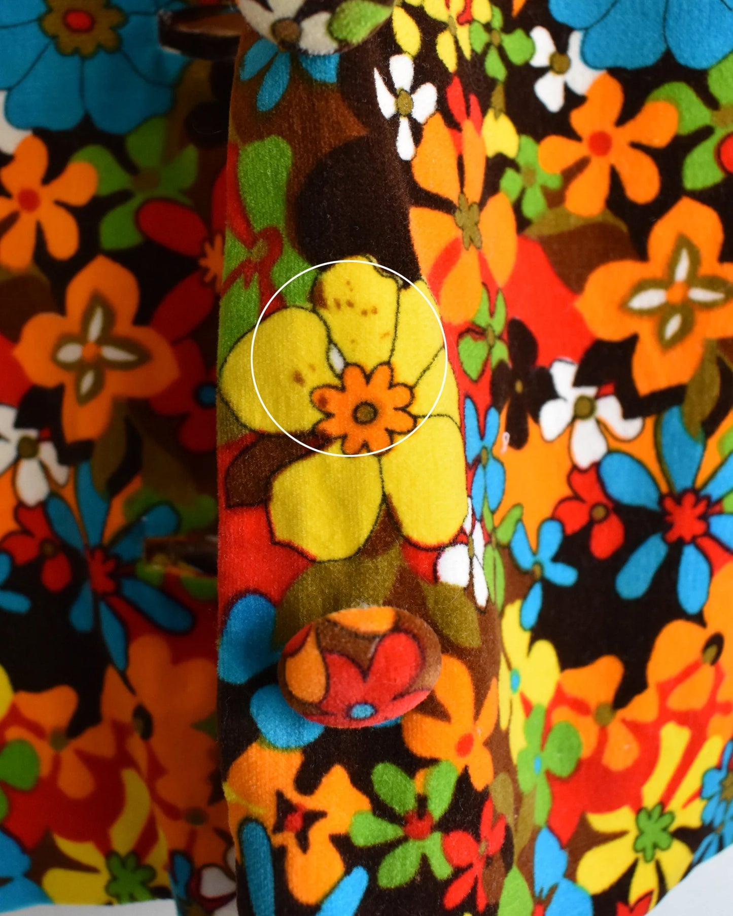 Close up of the collar and fabric covered buttons down the front of the blouse