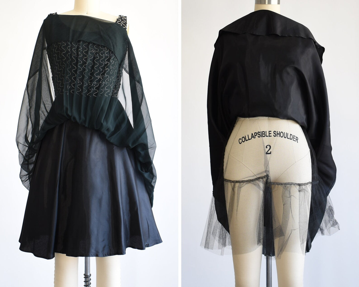 side by side view of the layered skirt. under the chiffon is a black acetate fabric and under that is black tulle netting