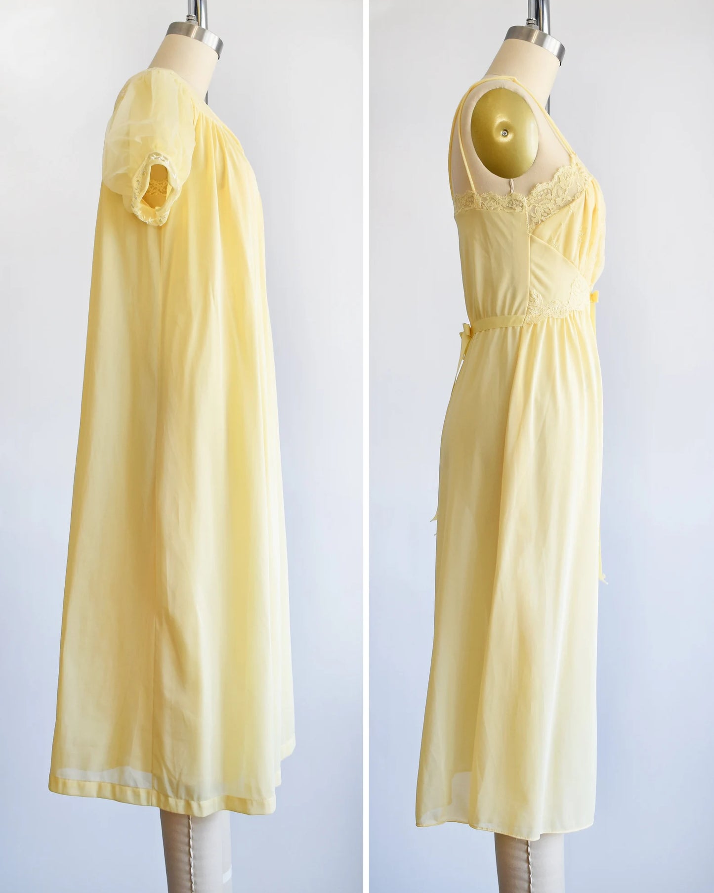 Side view of a vintage 60s yellow peignoir set that has a yellow robe with puff sleeves and yellow lace trimmed nightgown. The set is modeled on a dress form.