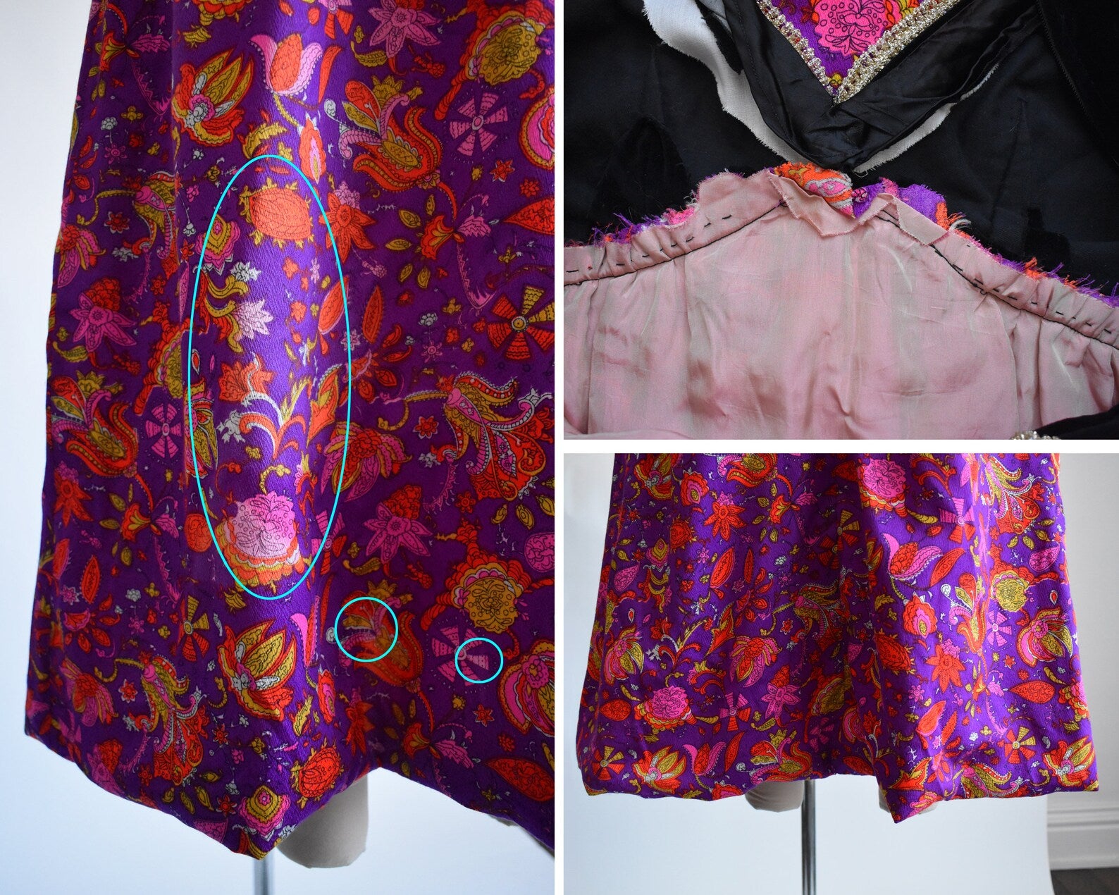 A photo collage of small flaws. The left photo shows some fading on the skirt, the top right shows some stitching on the inside waistline, and the bottom shows the uneven hem.