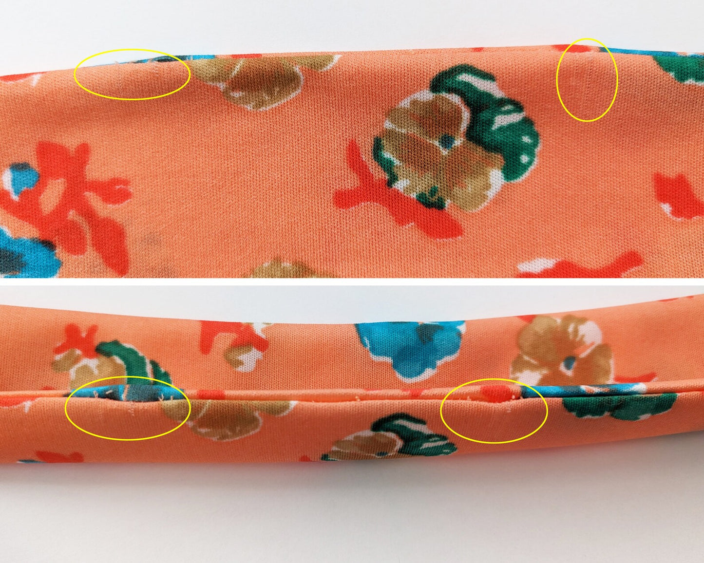 A side by side photo of small flaws on one of the ties, which includes seam separations and small runs.