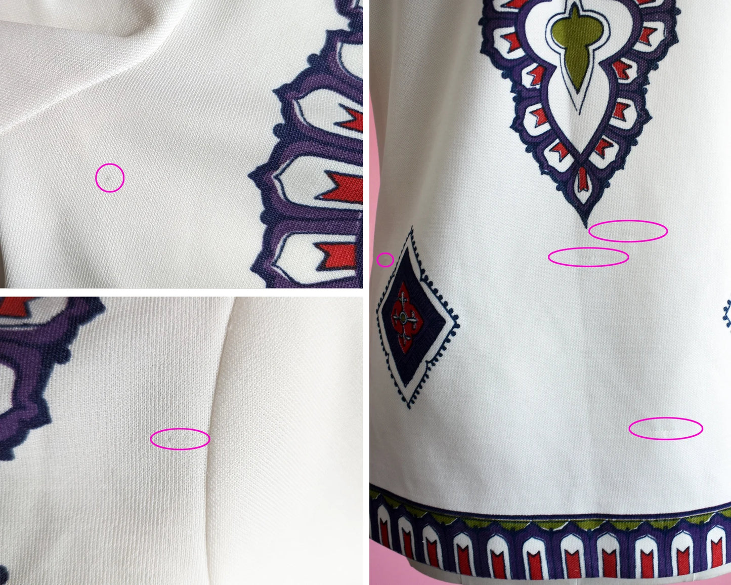 A collage of small flaws which show a small mark near the right underarm, and some pulls throughout the fabric.