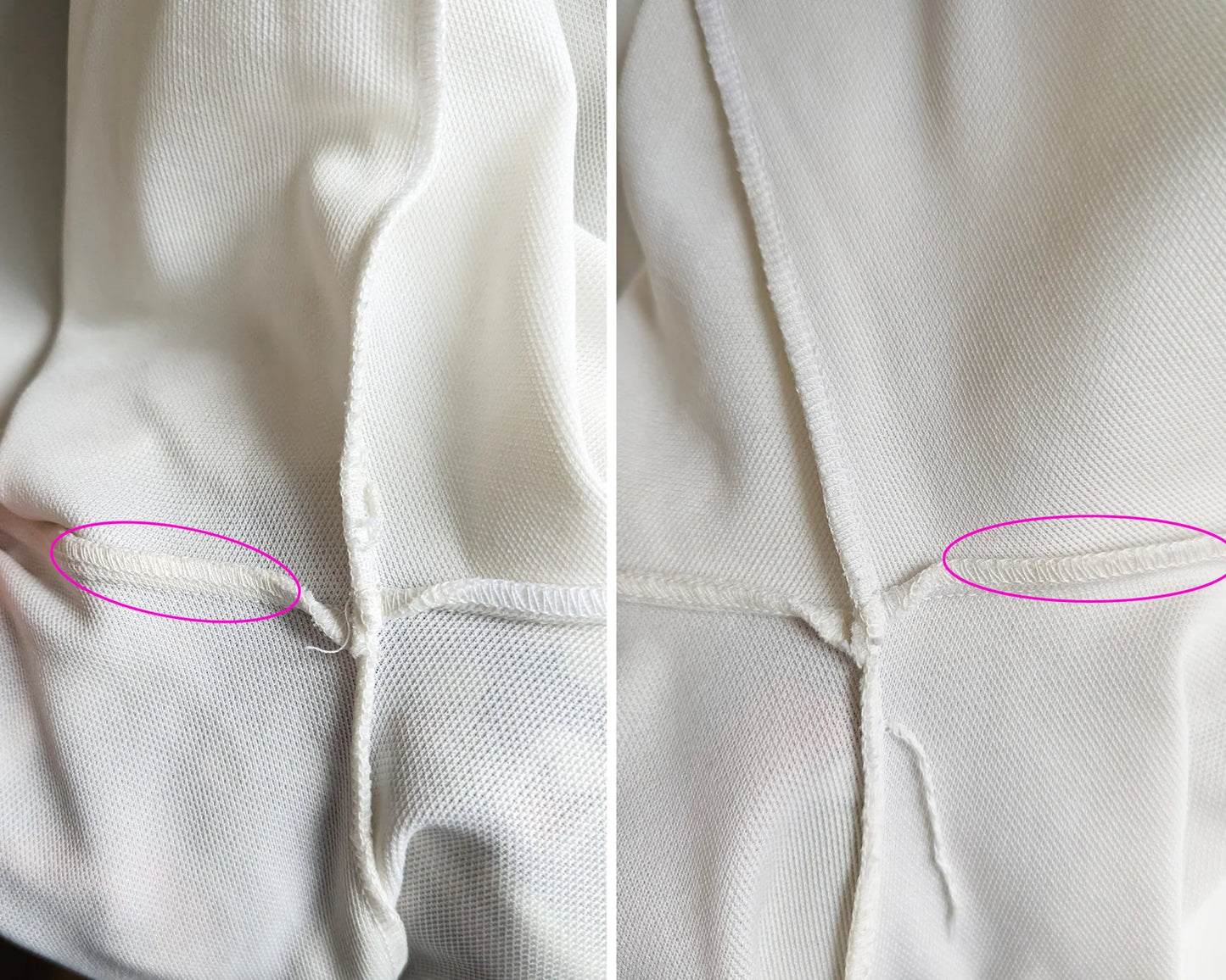Side by side view showing the faint yellowing in the inside underarm areas