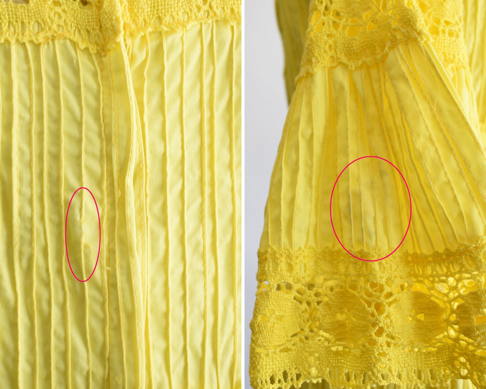 A side by side photos of small flaws which include to the left a section where a pleat has unraveled and to the right some dark marks on the right sleeve