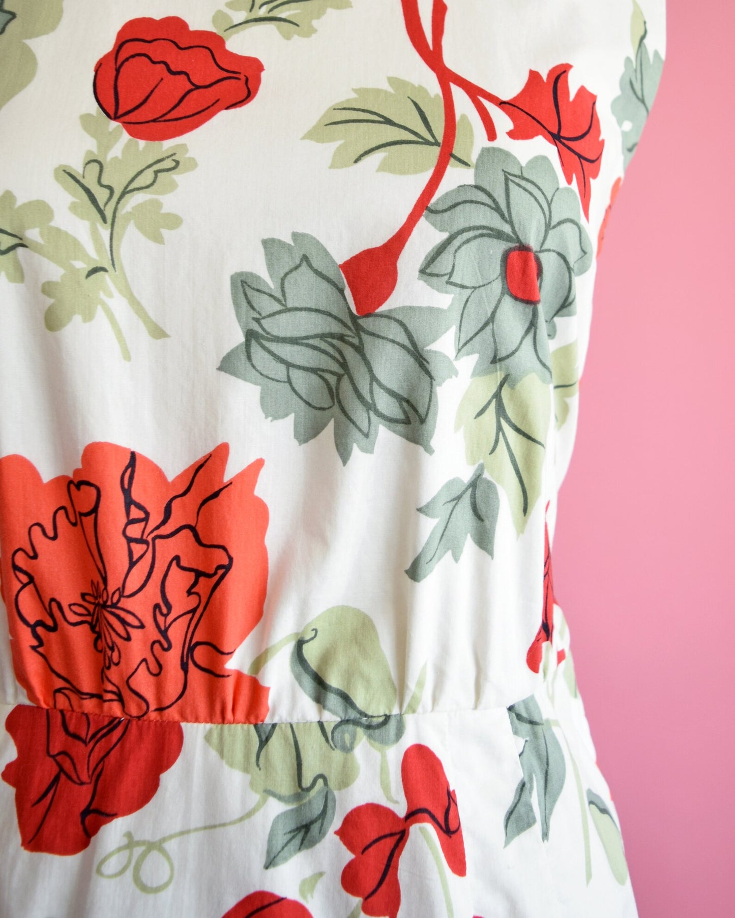 Close up of the large floral print and cinched waistline