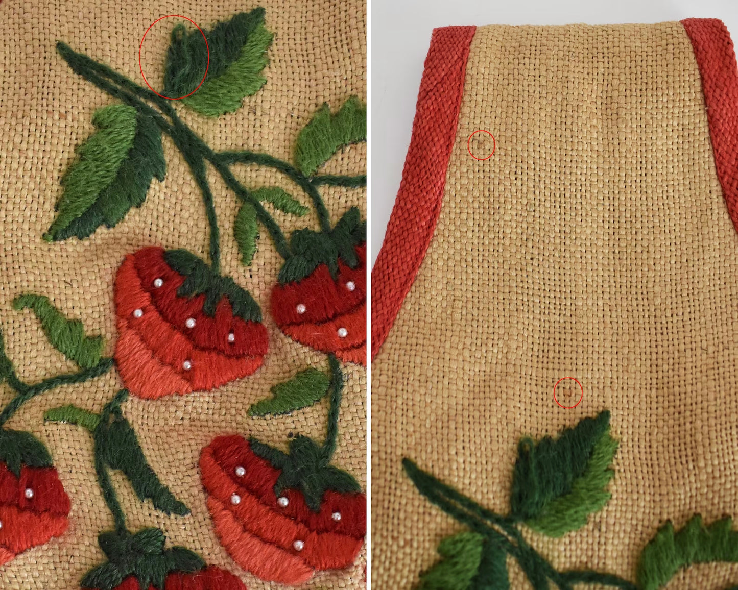 Side by side close up of a small flaws which include on the left a small pull in the embroidery and on the right some small marks on the burlap